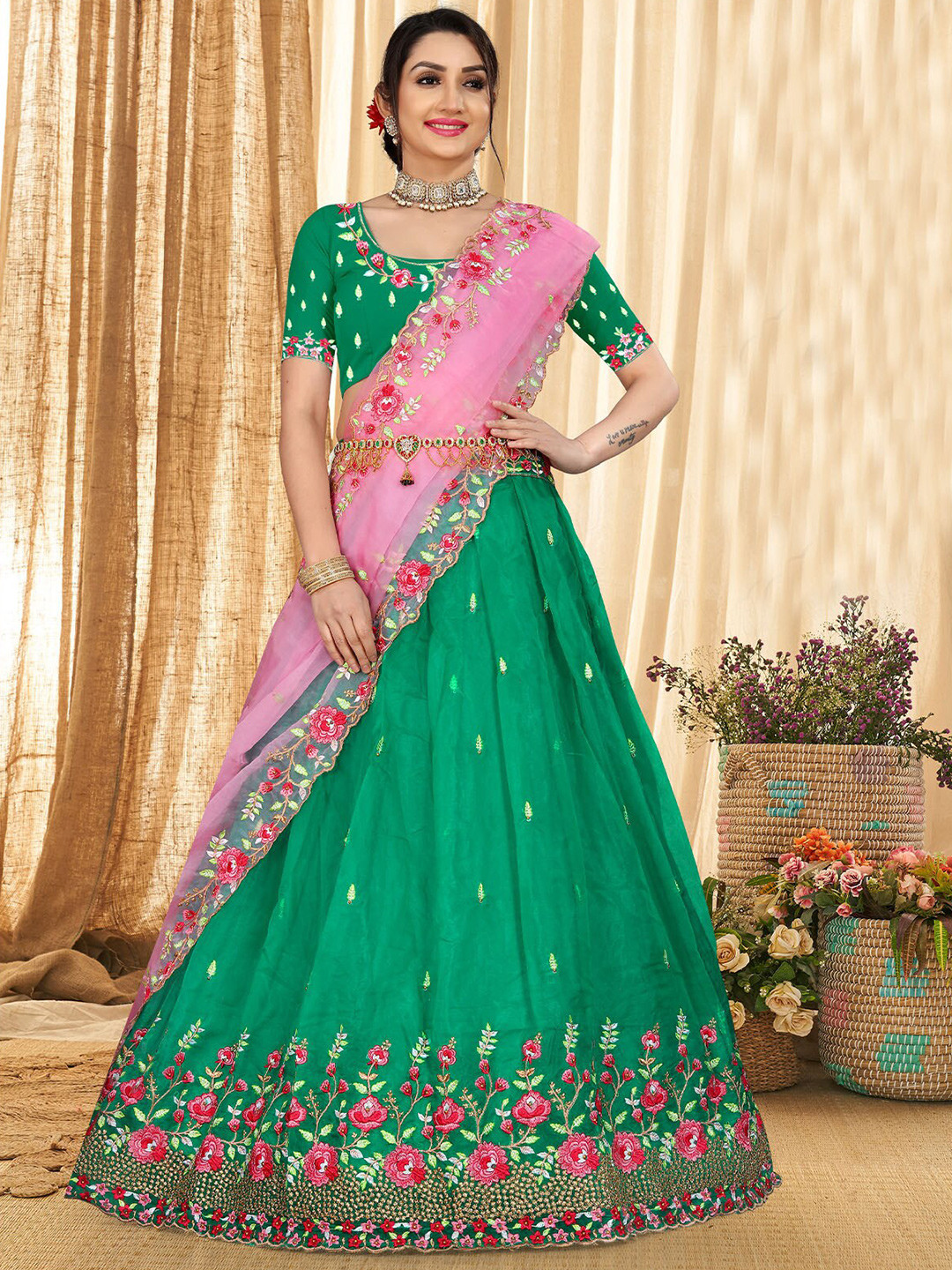 

ODETTE Embroidered Semi-Stitched Lehenga & Unstitched Blouse With Dupatta, Green