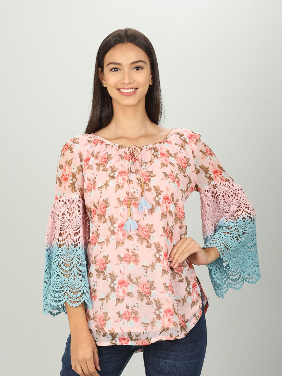

Mustard Floral Print Crepe Top, Peach