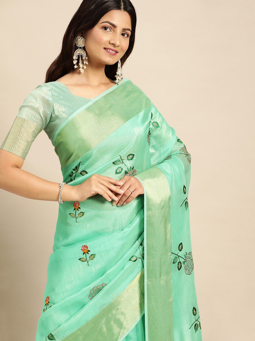 

Mitera Floral Embroidered Linen Silk Saree, Sea green