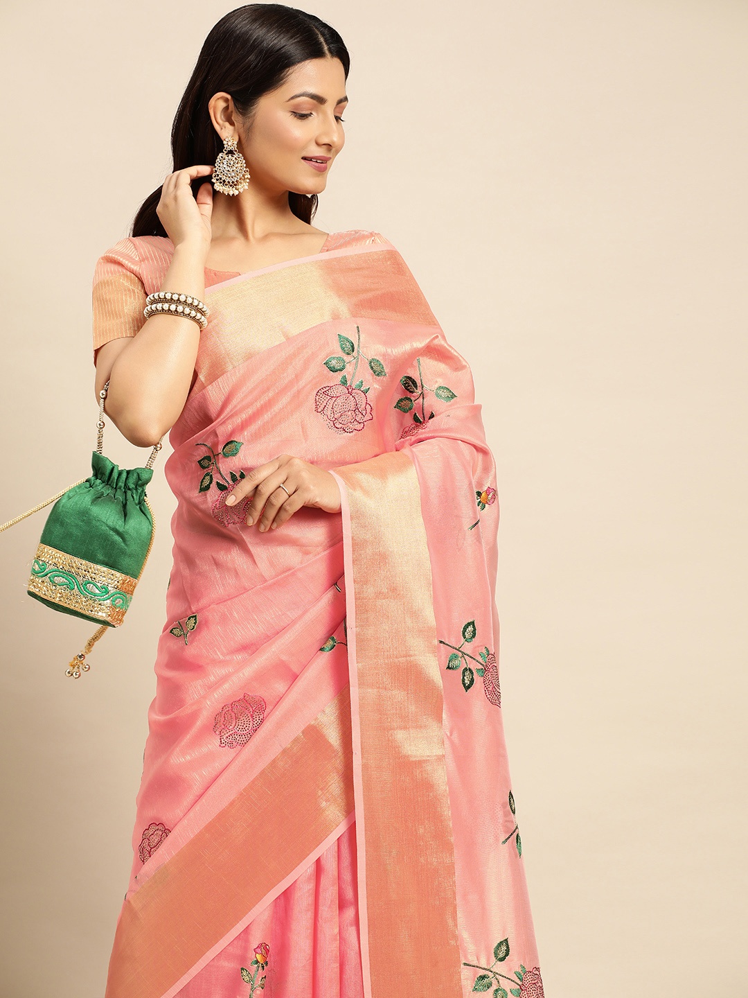

Mitera Floral Embroidered Linen Silk Saree, Peach