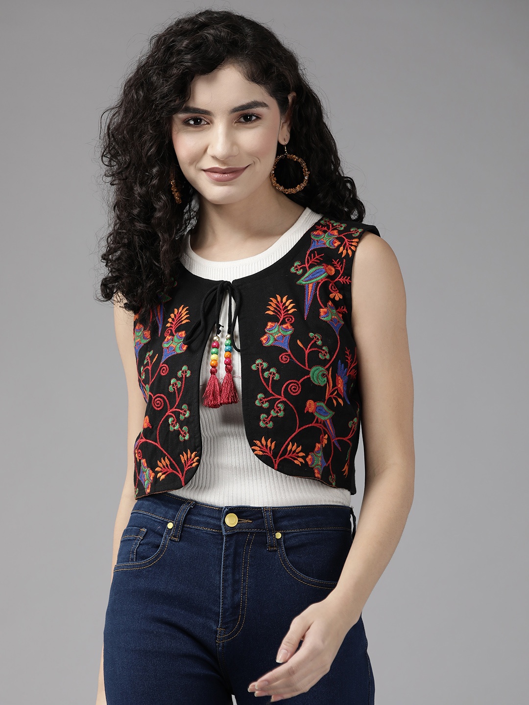 

Aarika Women Floral Embroidered Crop Open Front Jacket, Black