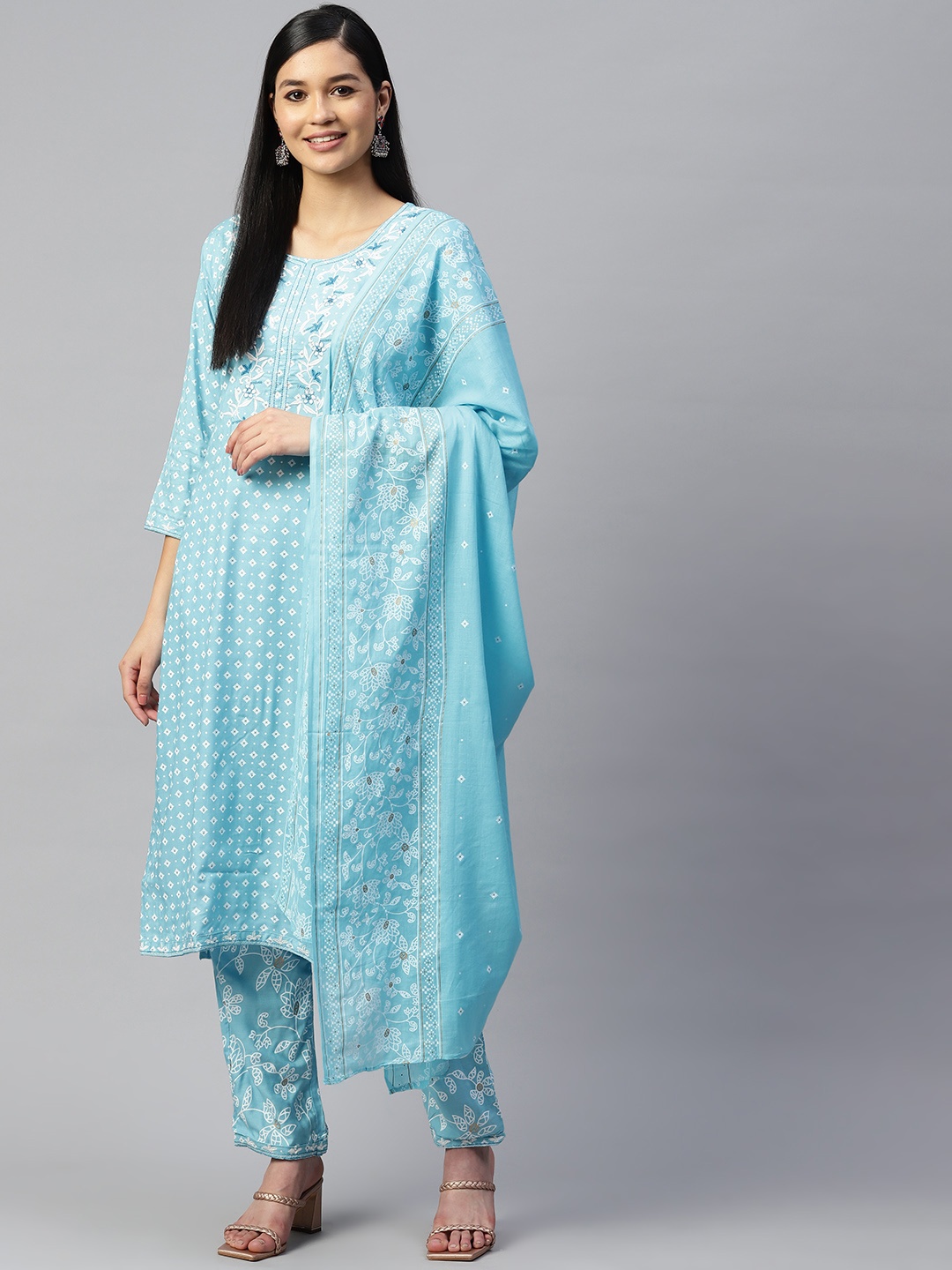 

mokshi Women Ethnic Motifs Embroidered Kurta with Trousers & With Dupatta, Blue