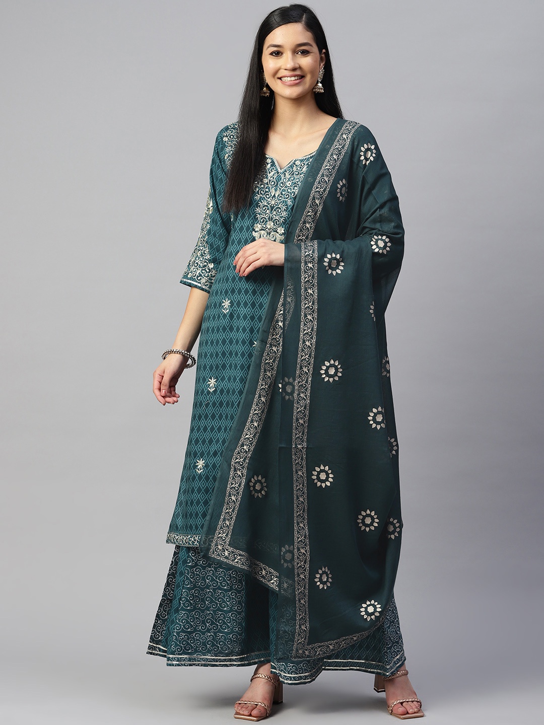 

mokshi Women Teal Ethnic Motifs Embroidered Kurta with Palazzos & With Dupatta