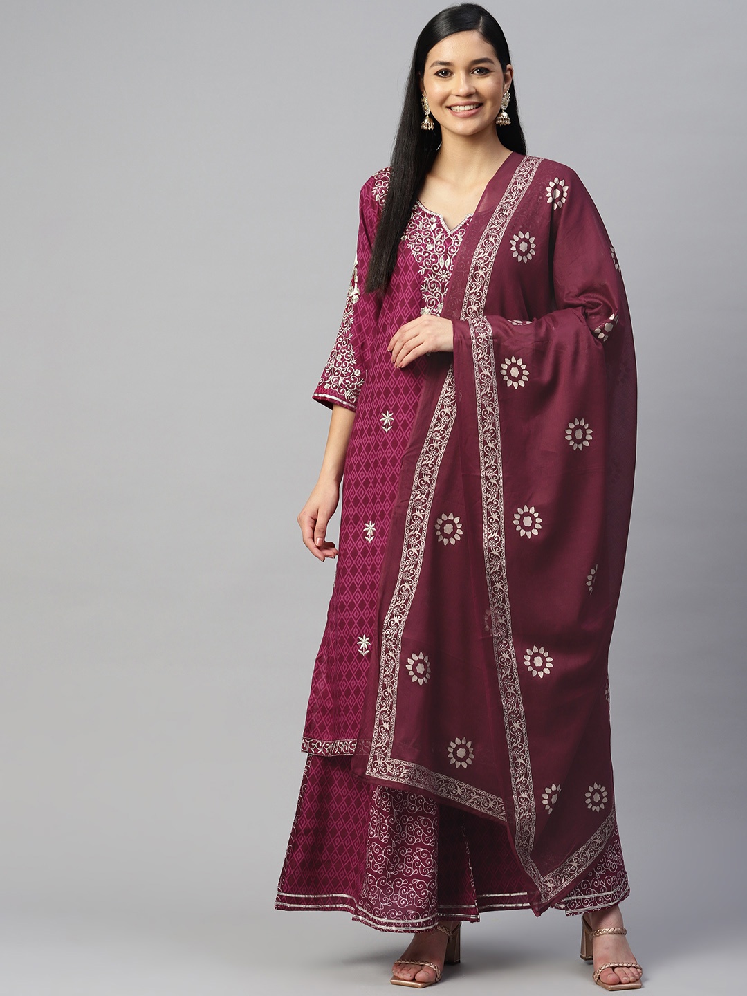 

mokshi Women Purple Ethnic Motifs Embroidered Kurta with Palazzos & With Dupatta