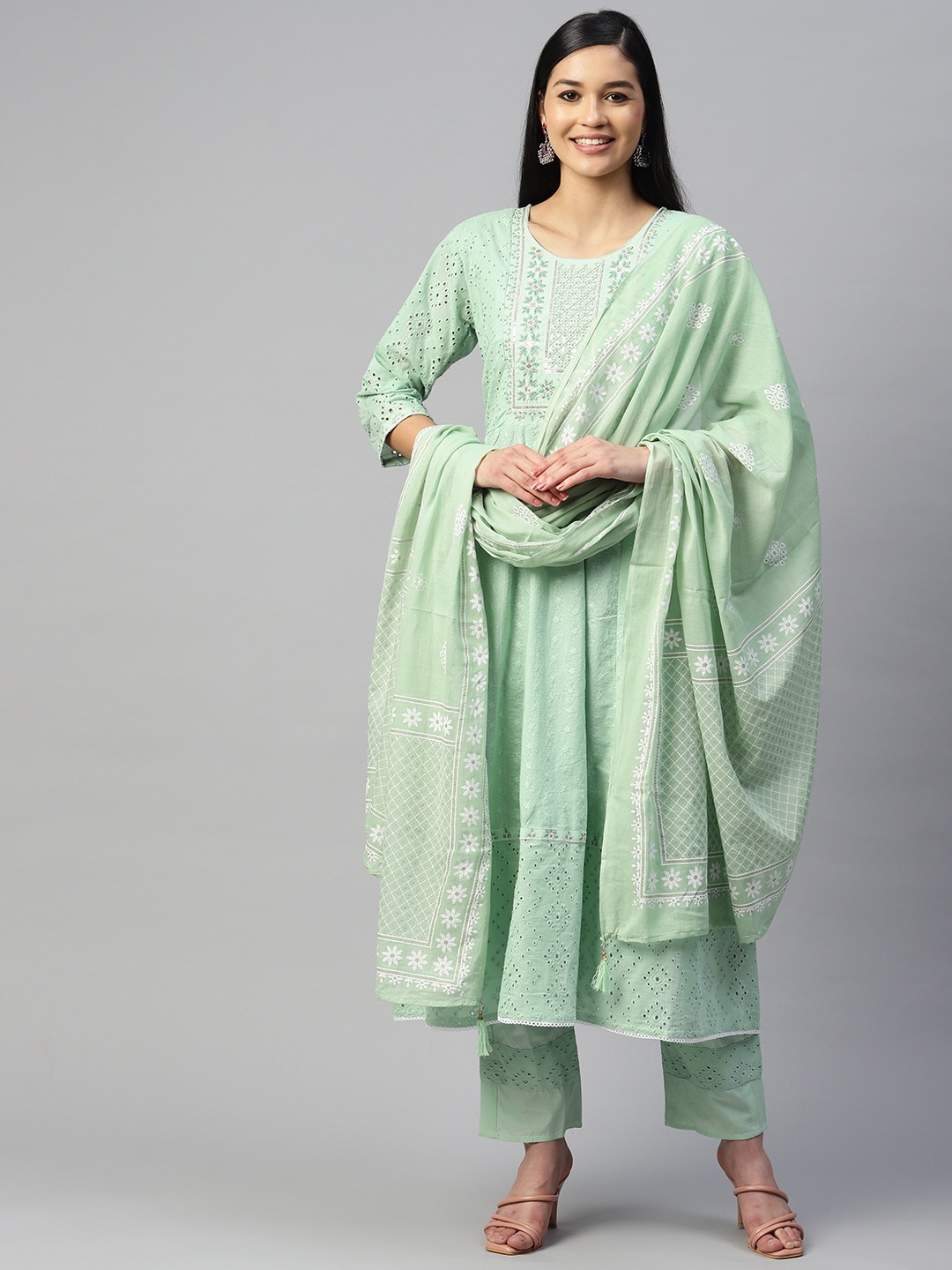 

mokshi Women Sea Green Ethnic Motifs Yoke Design Sequinned Pure Cotton Kurta with Trousers & With Dupatta