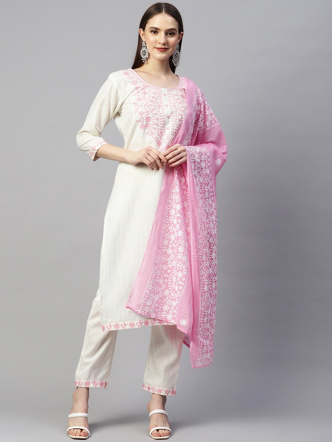 

mokshi Women White Ethnic Motifs Yoke Design Thread Work Kurta with Trousers & With Dupatta