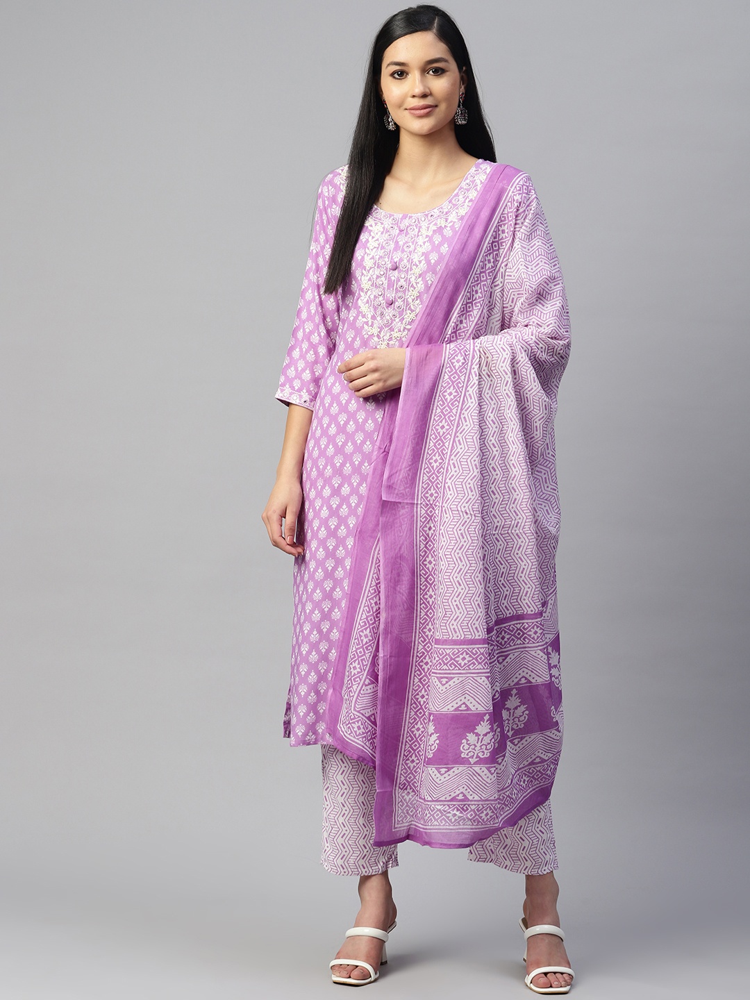

mokshi Women Purple Ethnic Motifs Embroidered Mirror Work Kurta with Trousers & With Dupatta