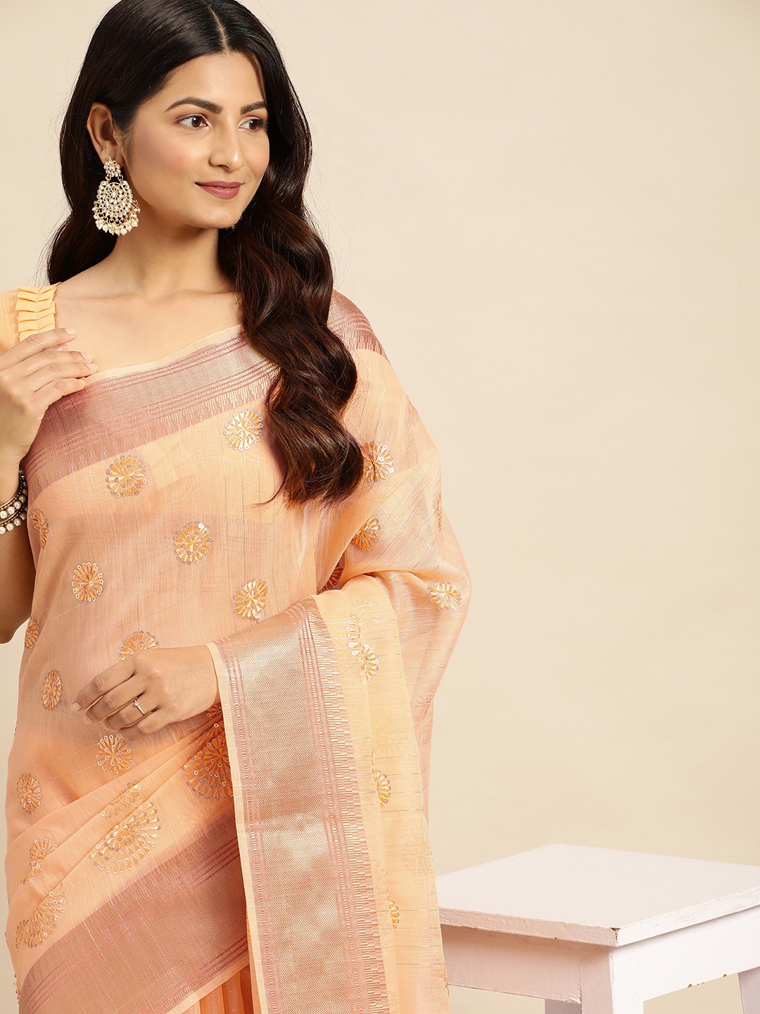 

Mitera Floral Embroidered Linen Silk Saree, Orange