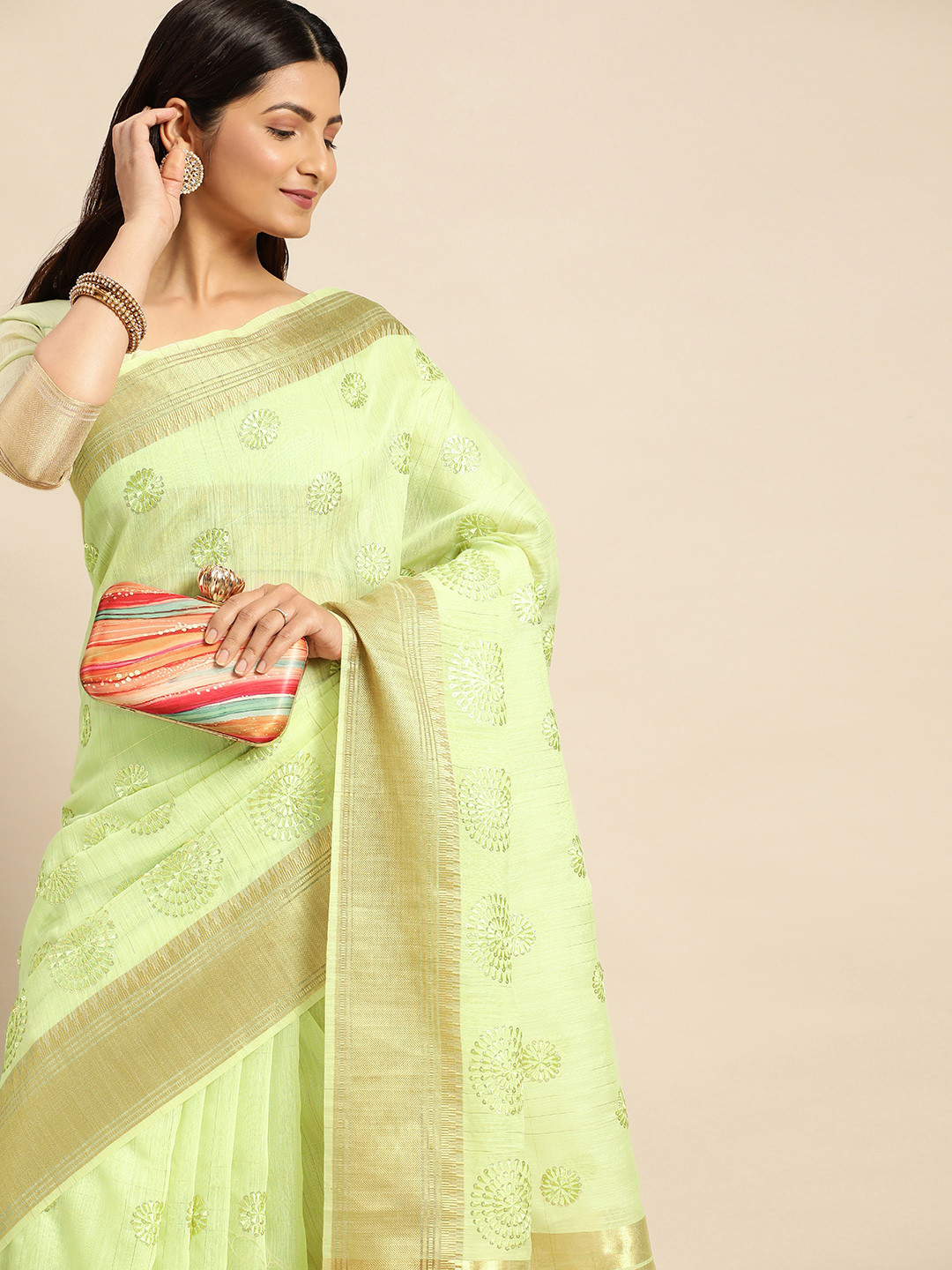 

Mitera Floral Embroidered Linen Silk Saree, Green