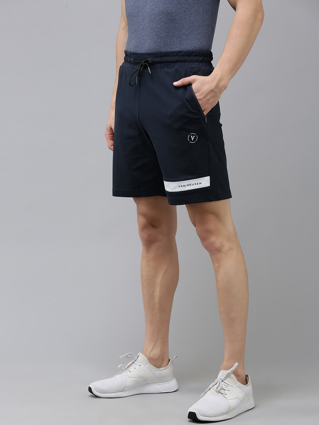 

Van Heusen Men Striped Brand Logo Printed Slim Fit Training Shorts, Navy blue