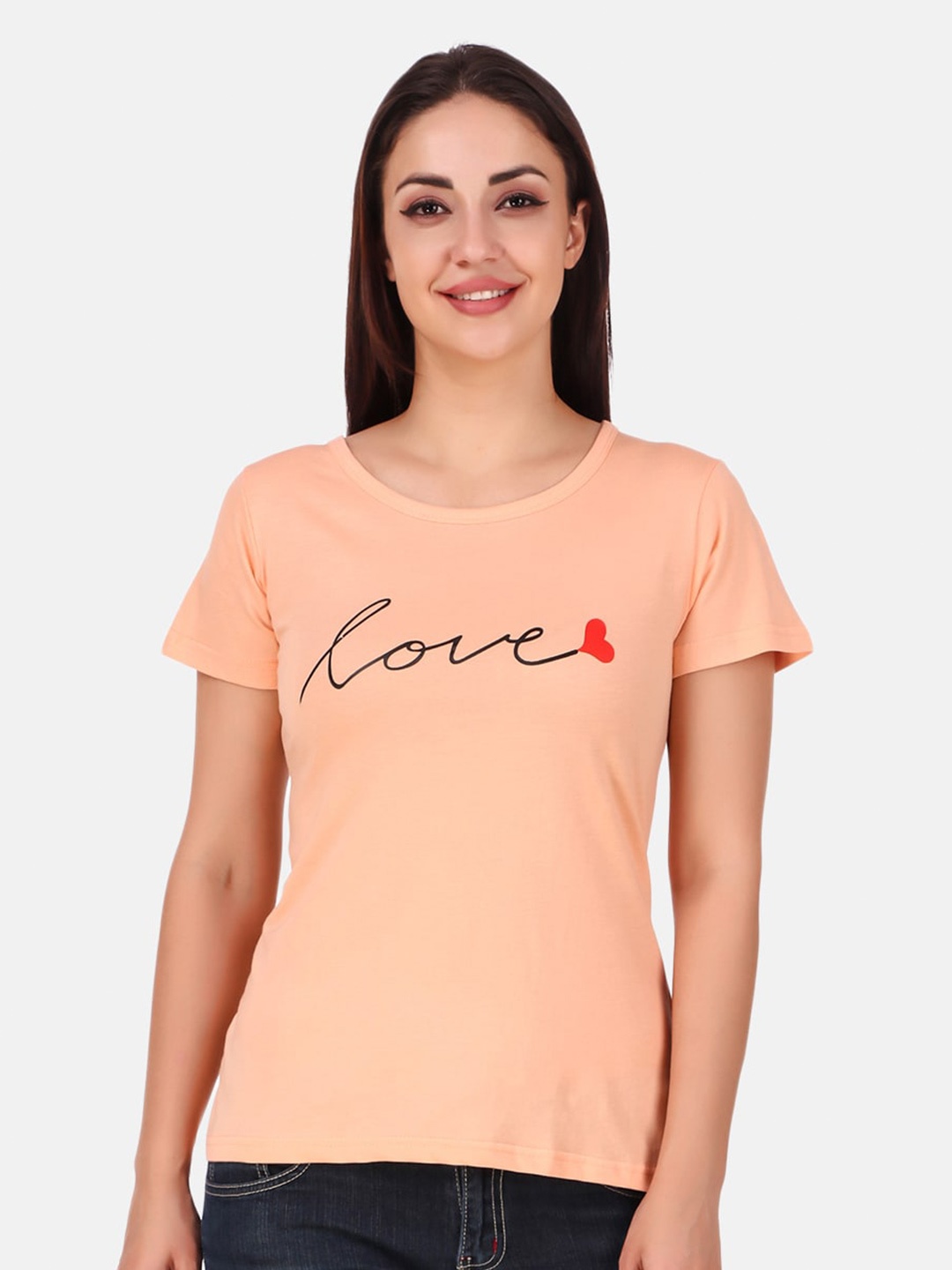 

TRENDY RABBIT Women Typography Printed Cotton T-shirt, Peach