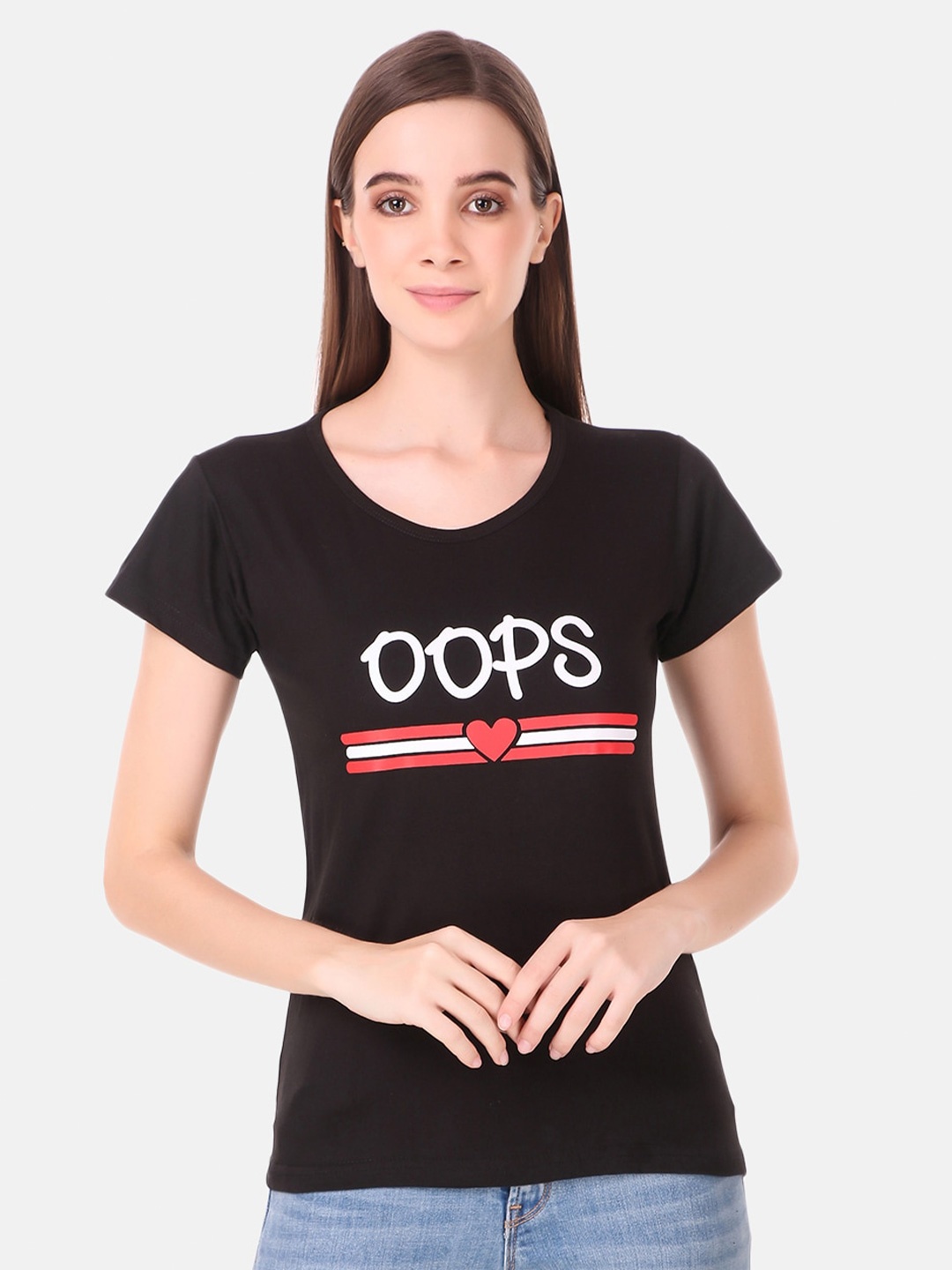 

TRENDY RABBIT Women Typography Printed Cotton T-shirt, Black