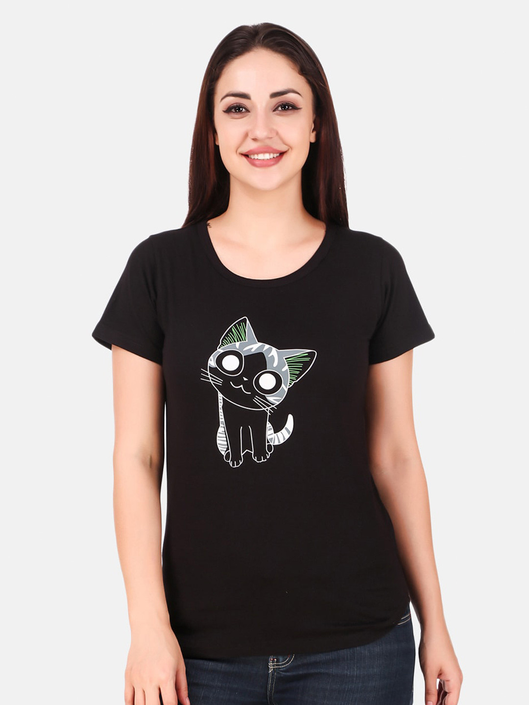 

TRENDY RABBIT Women Cotton Printed T-shirt, Black