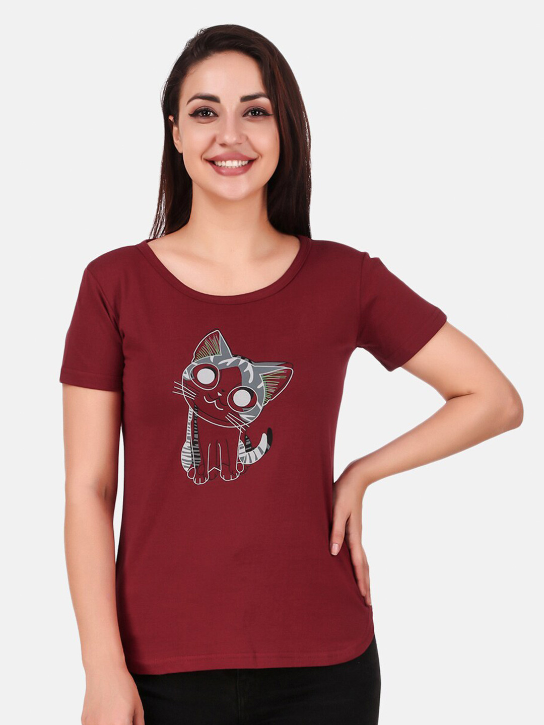 

TRENDY RABBIT Women Cotton Printed T-shirt, Maroon