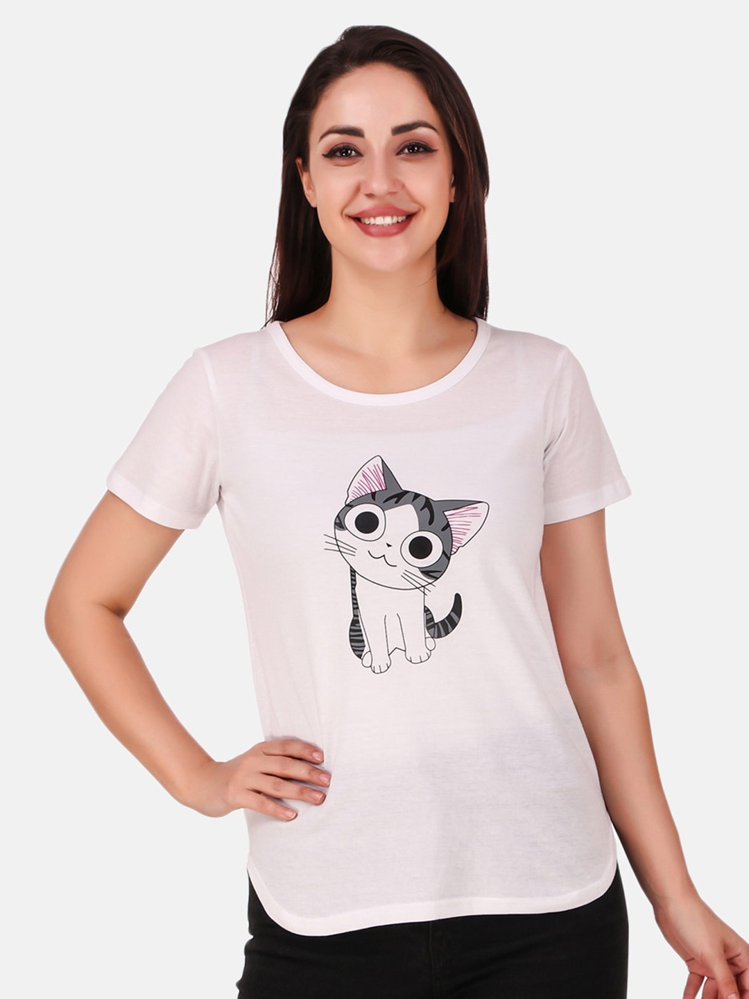 

TRENDY RABBIT Women Cotton Printed T-shirt, White