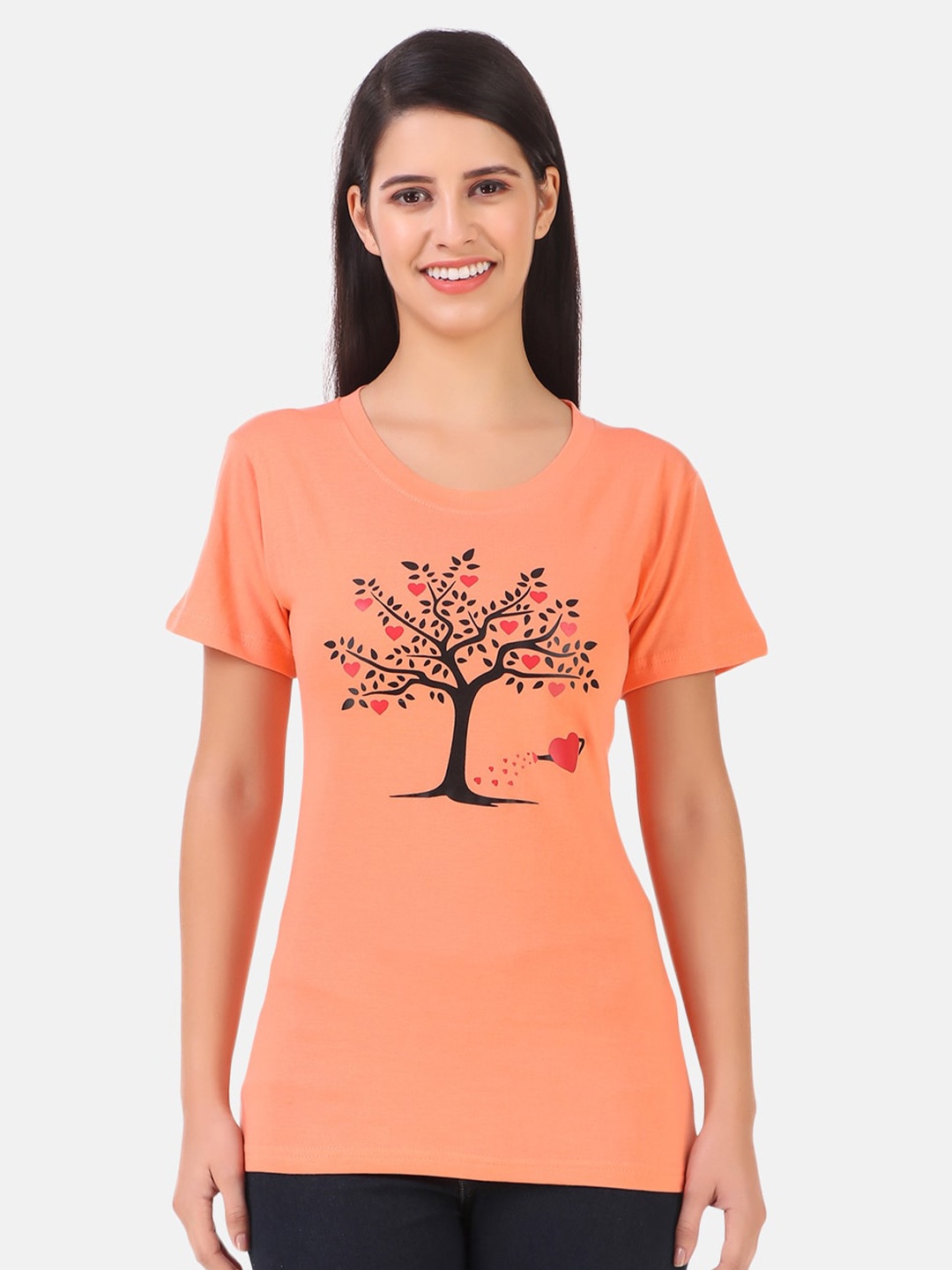 

TRENDY RABBIT Women Cotton Printed T-shirt, Peach