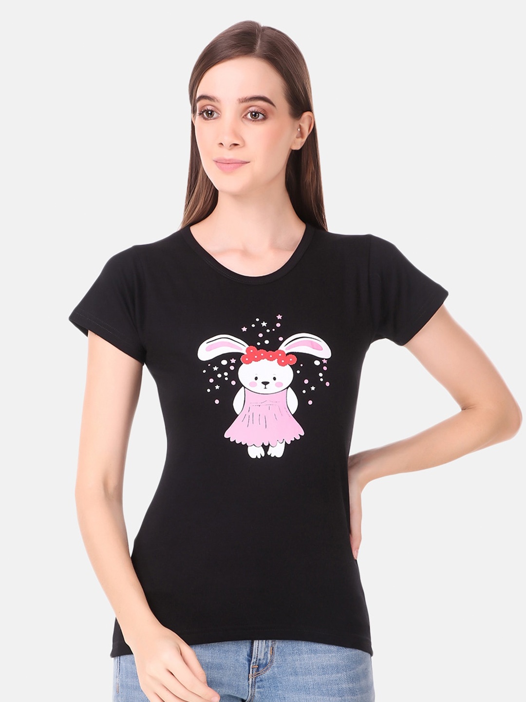 

TRENDY RABBIT Women Cotton Printed V-Neck T-shirt, Black