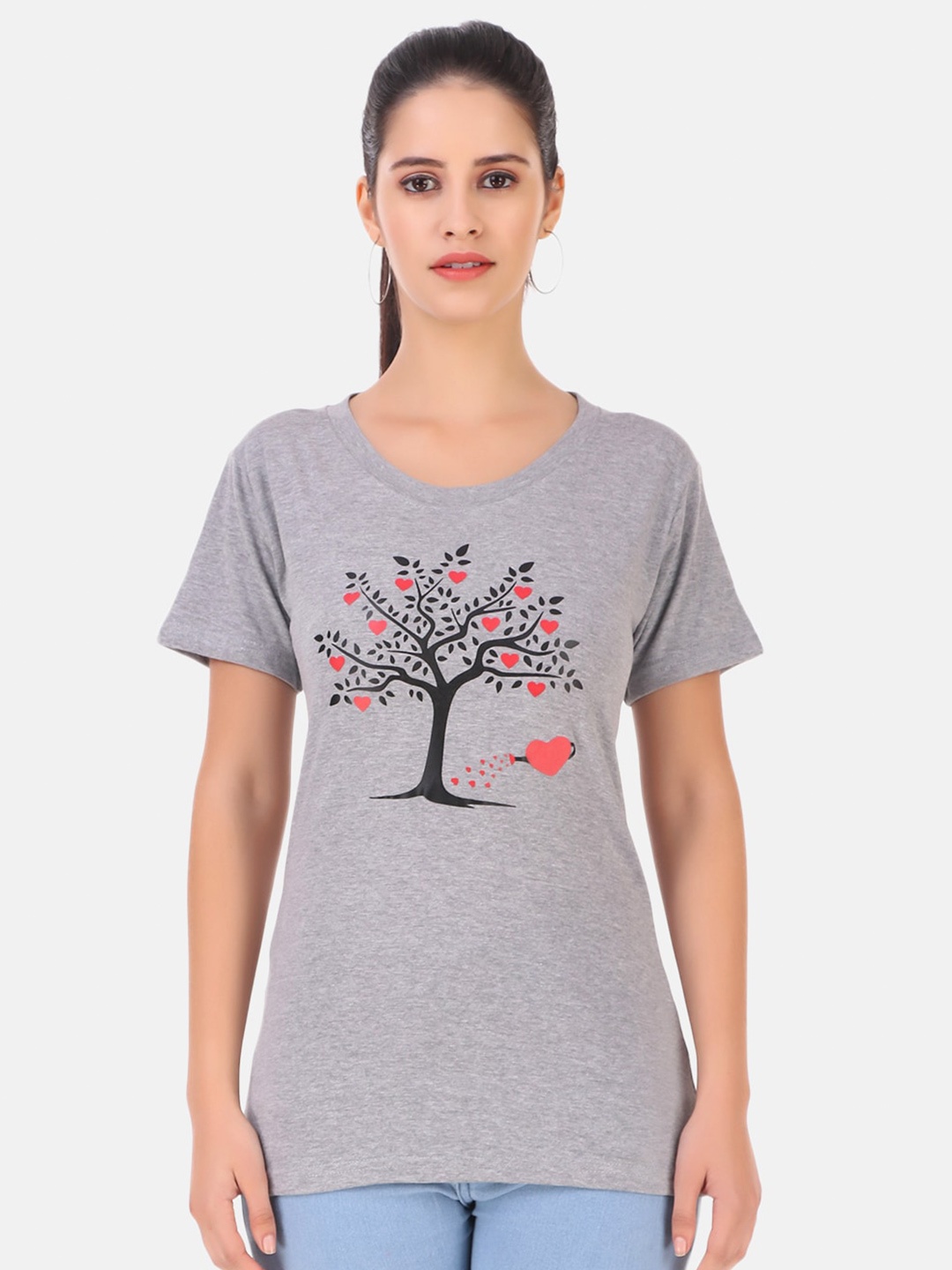 

TRENDY RABBIT Women Cotton Printed T-shirt, Grey