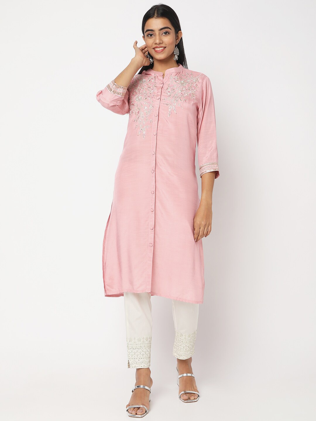 

Ethnicity Women Floral Embroidered Kurta with Trousers, Pink