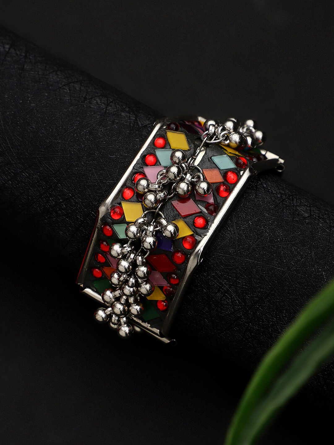 

CARDINAL Women Silver-Plated Crystals Oxidised Bangle-Style Bracelet