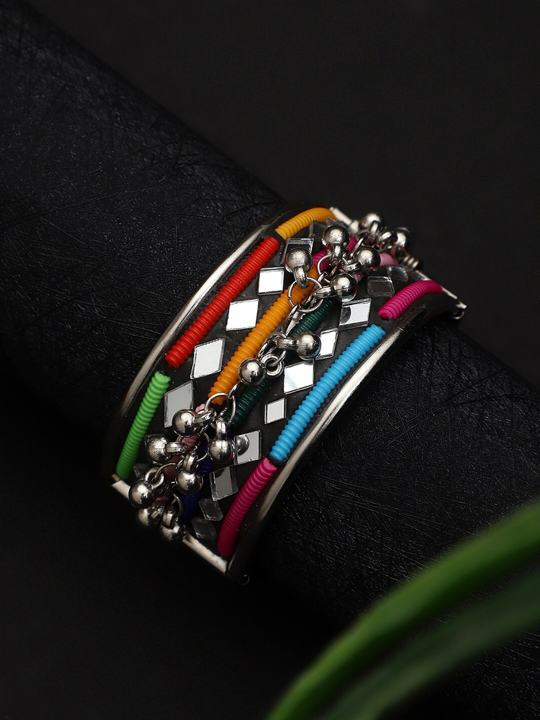

CARDINAL Women Silver-Toned & Pink Crystals Oxidised Bangle-Style Bracelet