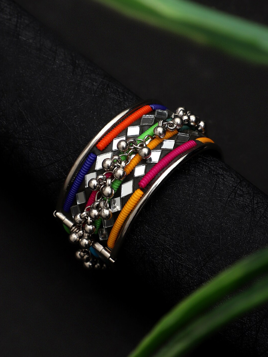 

CARDINAL Women Silver-Plated Crystals Oxidised Bangle-Style Bracelet