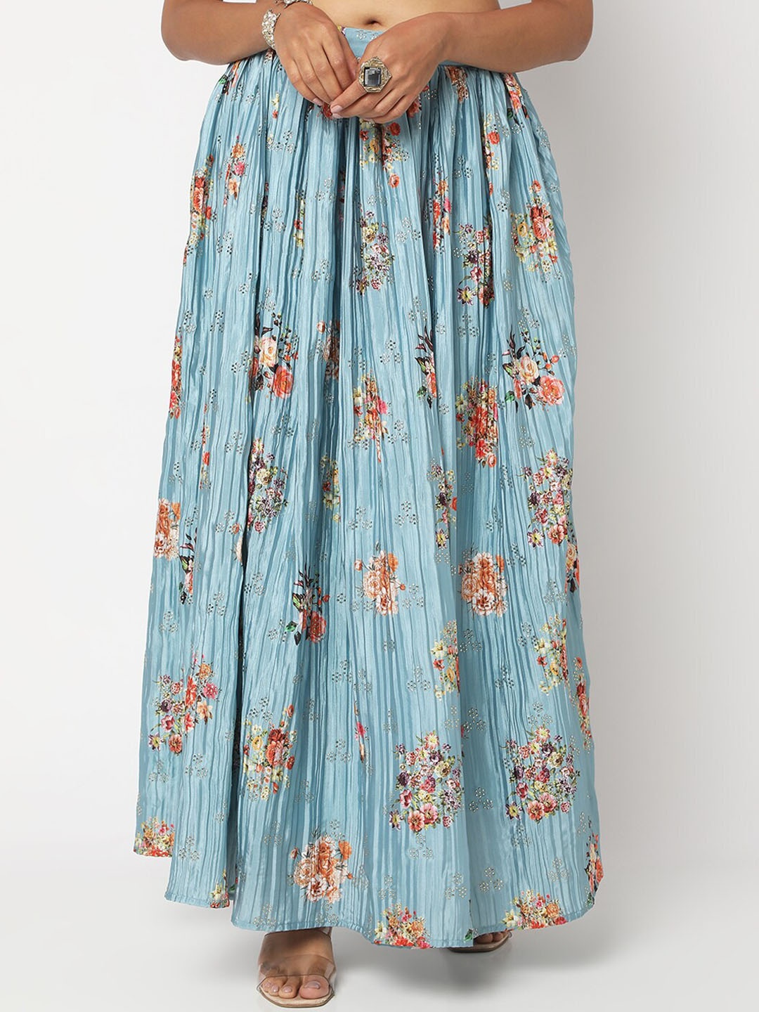 

Ethnicity Women Floral Printed Flared Maxi Skirt, Blue