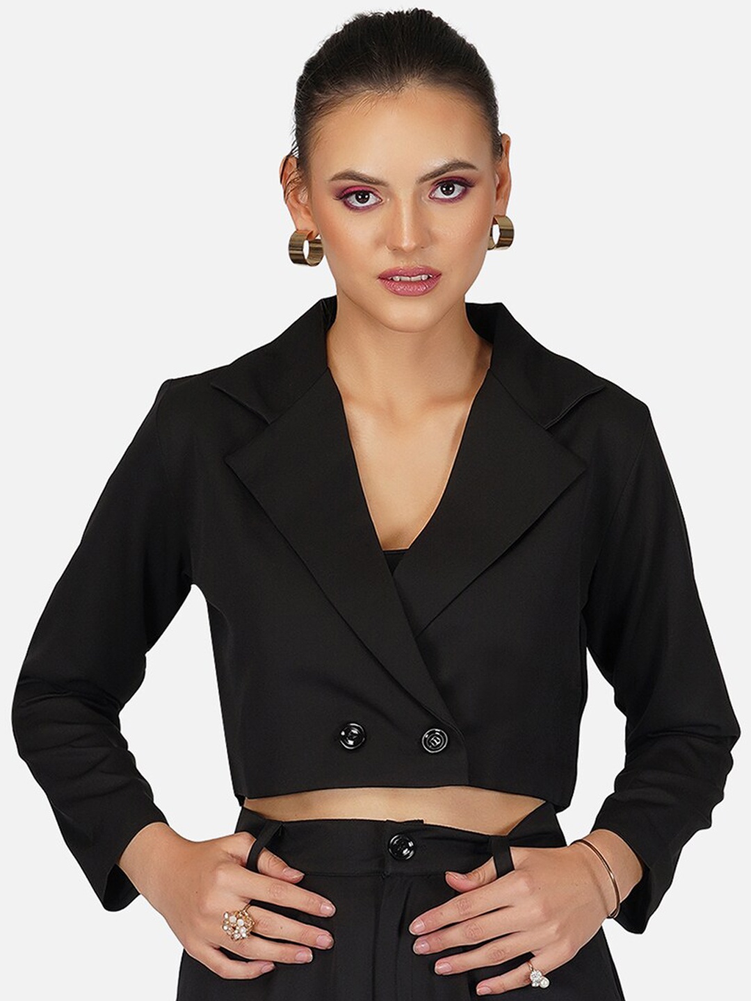 

Tinted Women Double-Breasted Crop Blazers, Black