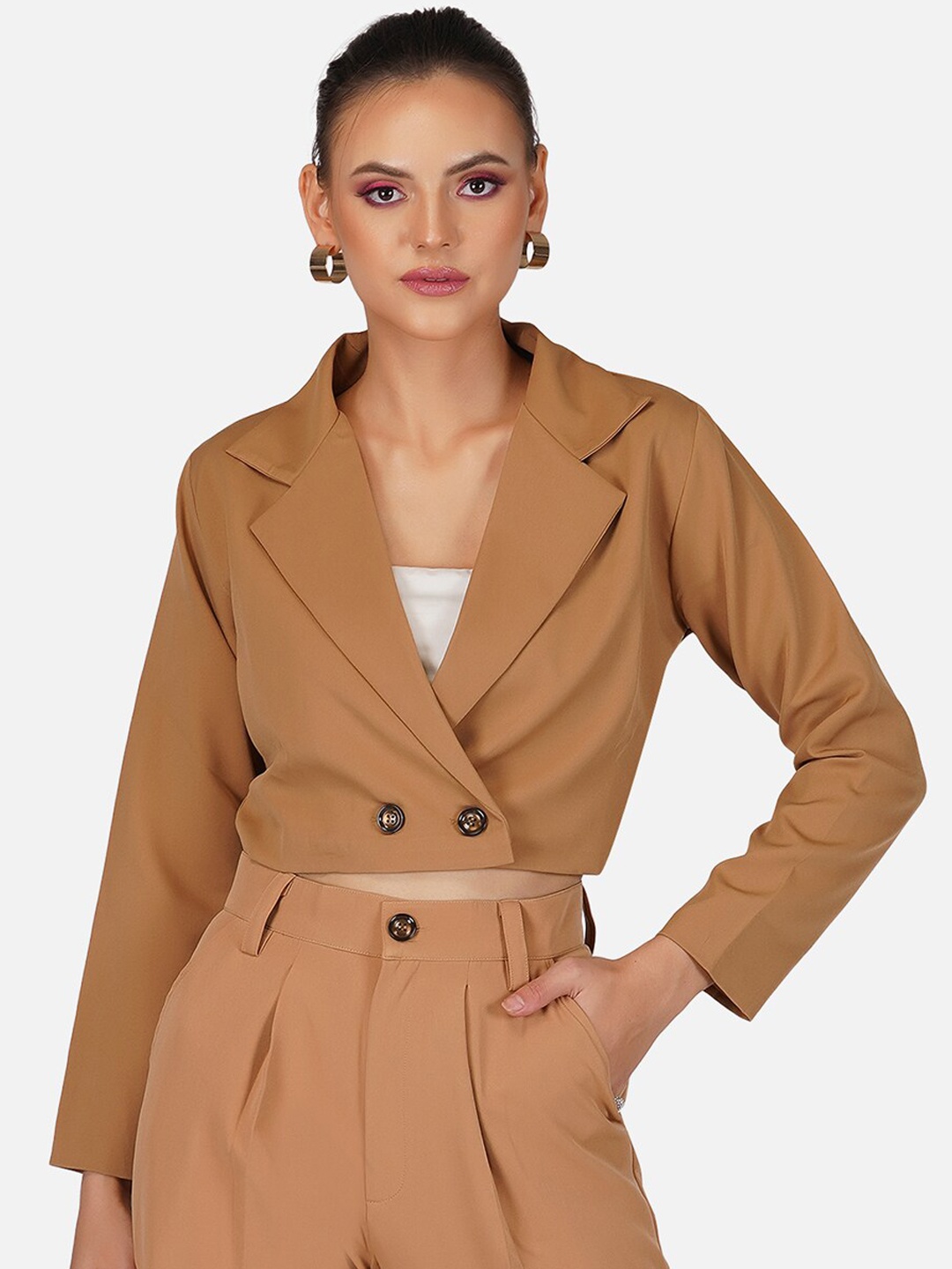 

Tinted Women Double-Breasted Crop Blazer, Brown