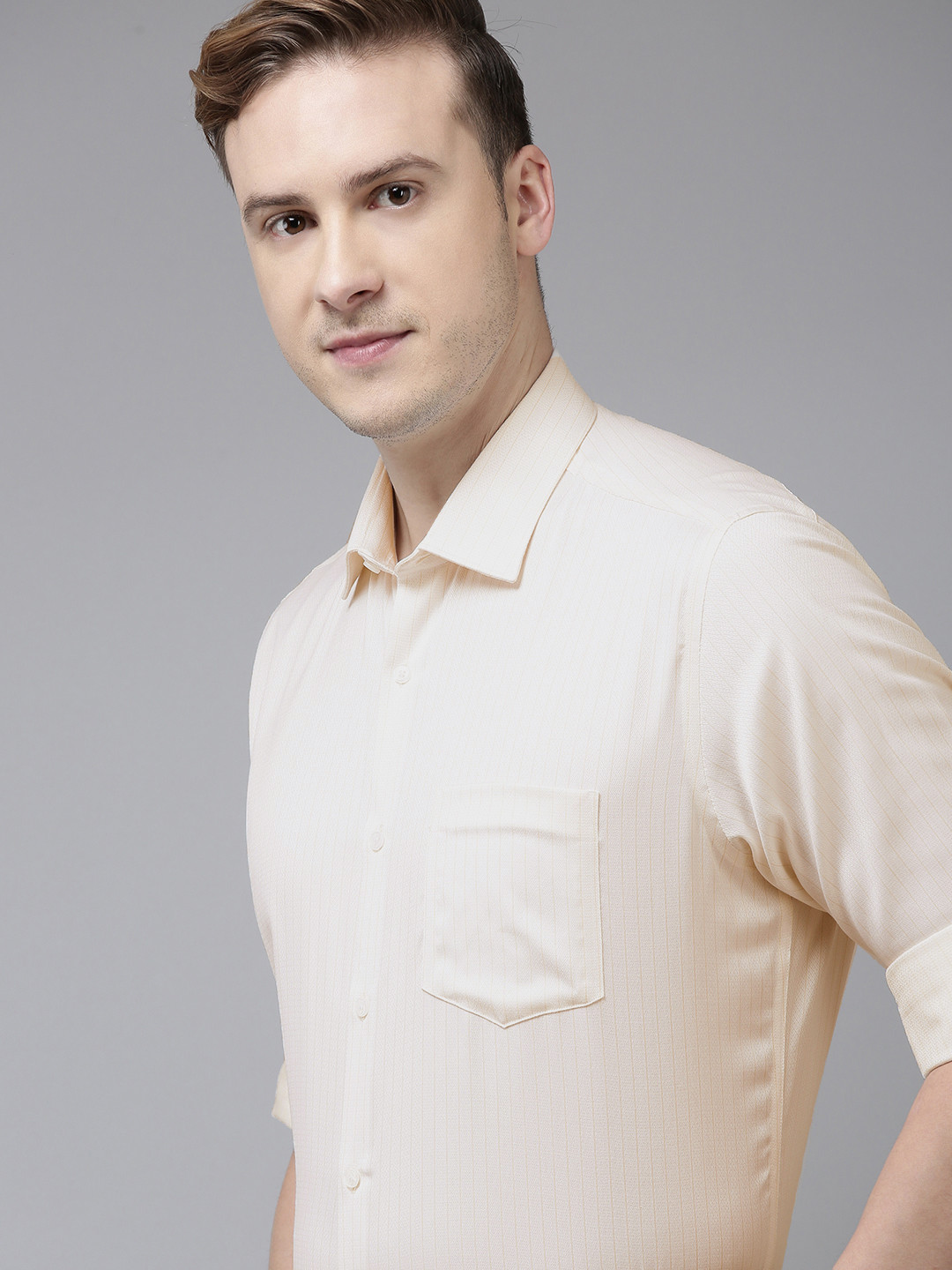 

Van Heusen Men Pure Cotton Custom Fit Striped Formal Shirt, Cream