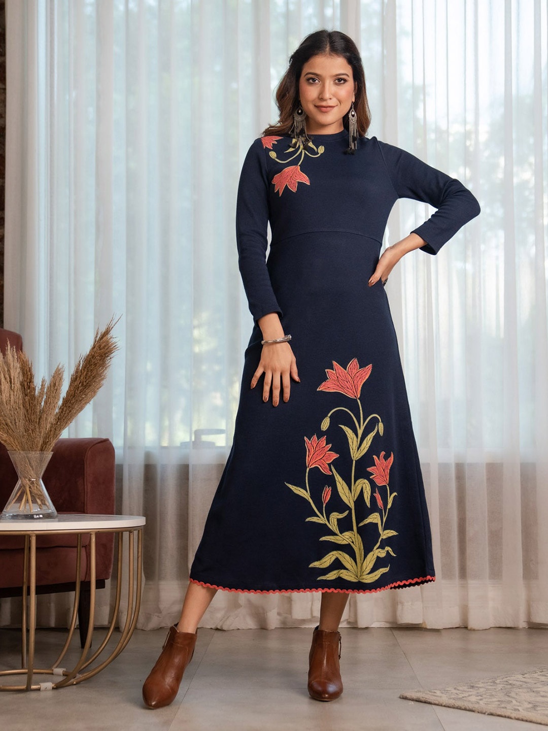 

Rustorange Floral Printed Acrylic A-Line Midi Dress, Navy blue