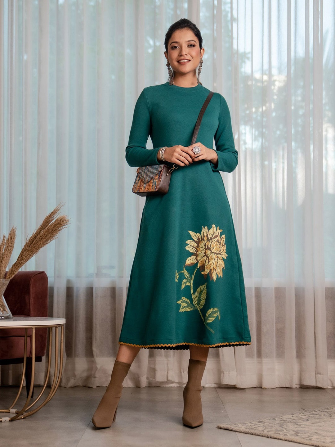 

Rustorange Floral Printed Acrylic A-Line Midi Dress, Teal