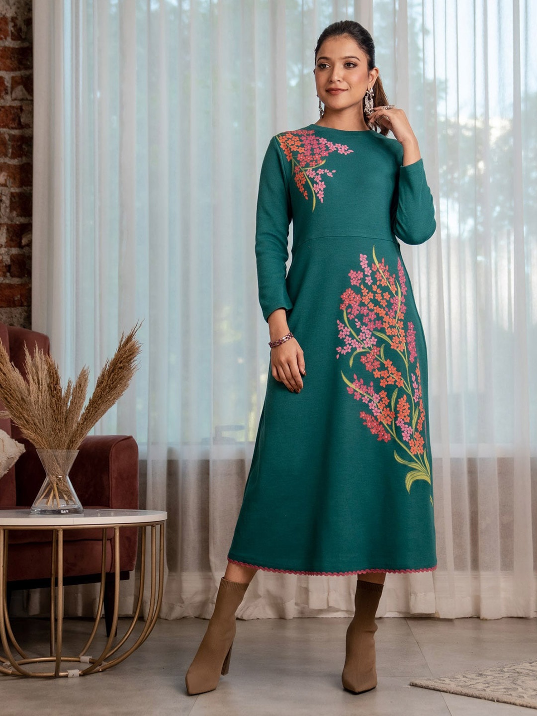 

Rustorange Floral Printed Acrylic A-Line Midi Dress, Teal