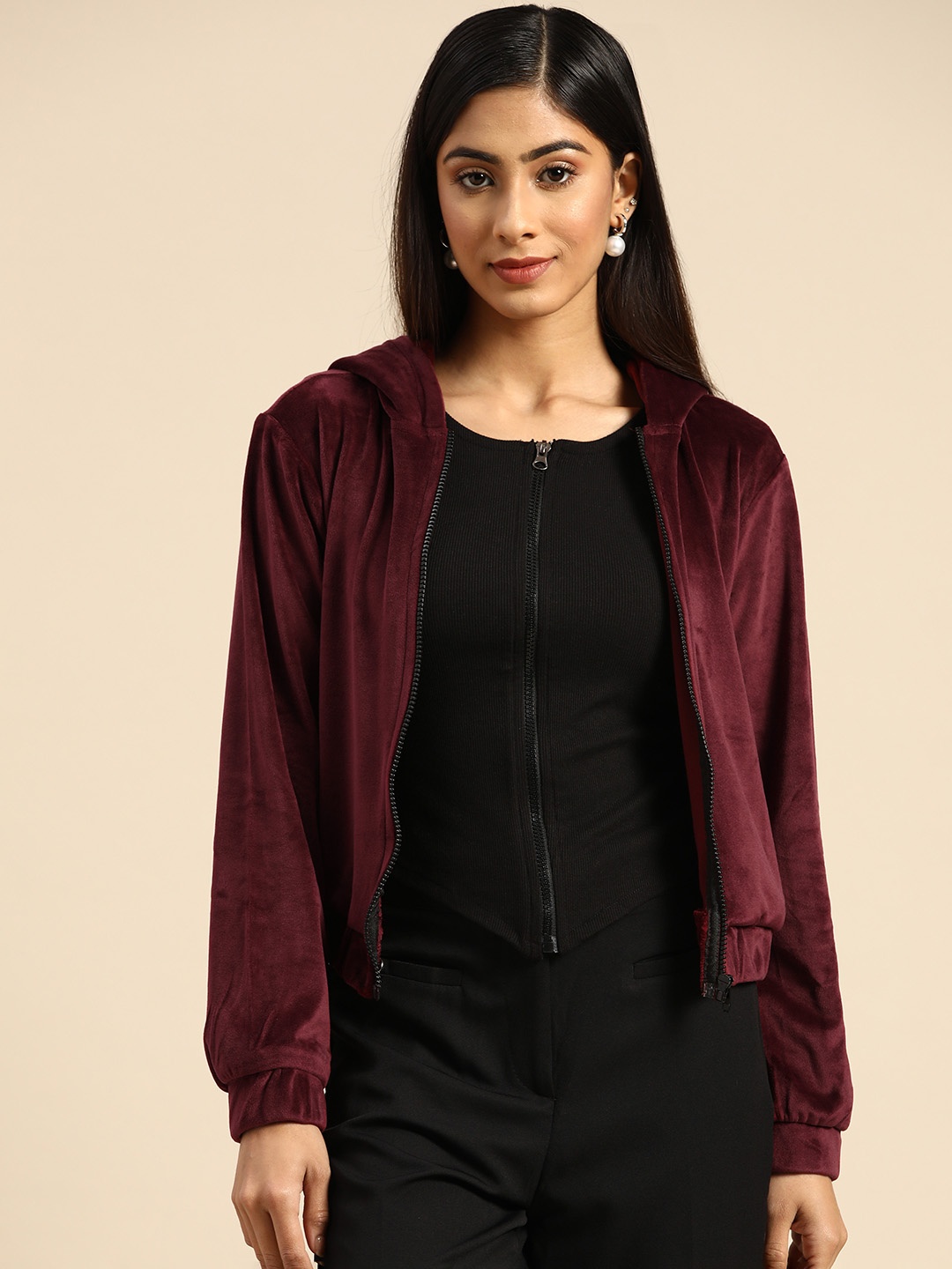 

Athena Women Maroon Suede Lightweight Open Front Jacket