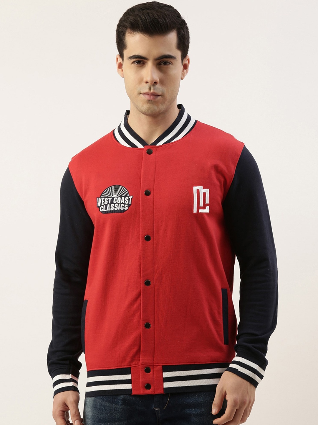 

Maniac Men Colourblocked Pure Cotton Varsity Jacket, Red