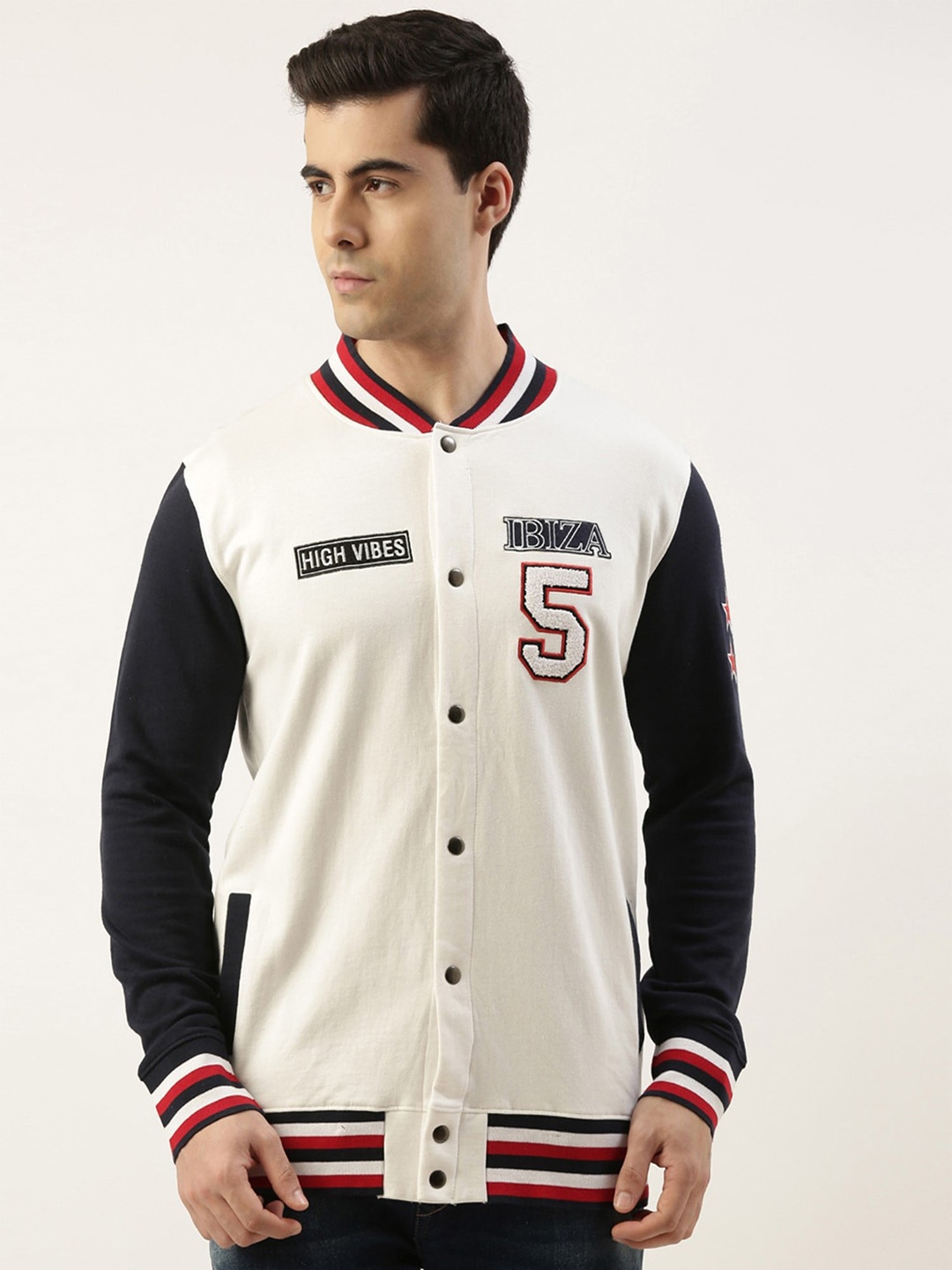 

Maniac Men Colourblocked Pure Cotton Varsity Jacket, White