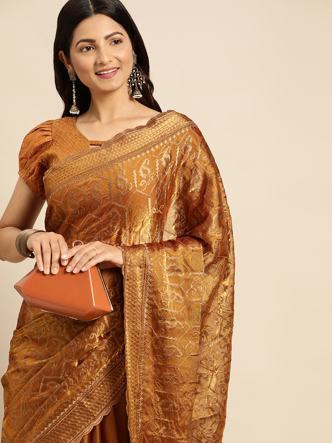 

Mitera Floral Embroidered Tissue Silk Nylon Saree, Gold