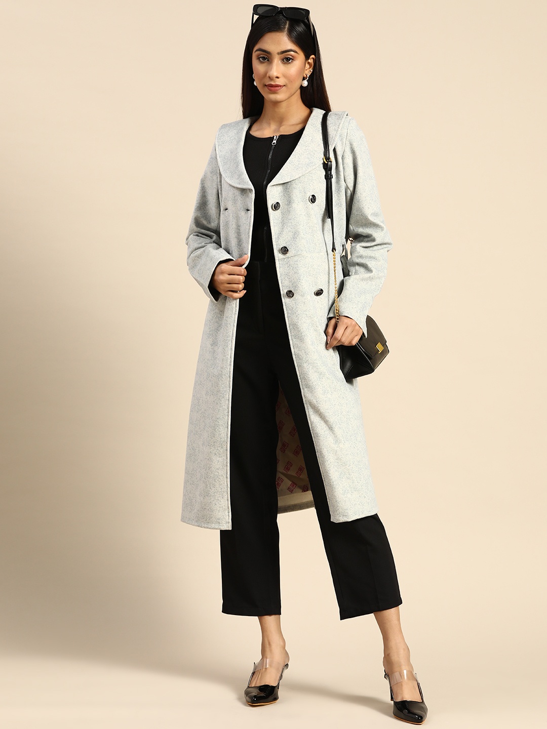 

Athena Women Grey Solid Longline Trench Coat