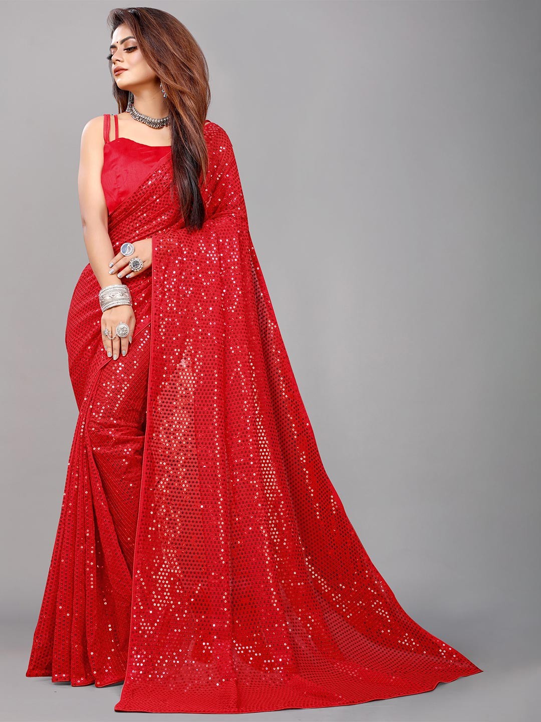 

B4ME COM Embellished Sequinned Pure Georgette Leheriya Saree, Red