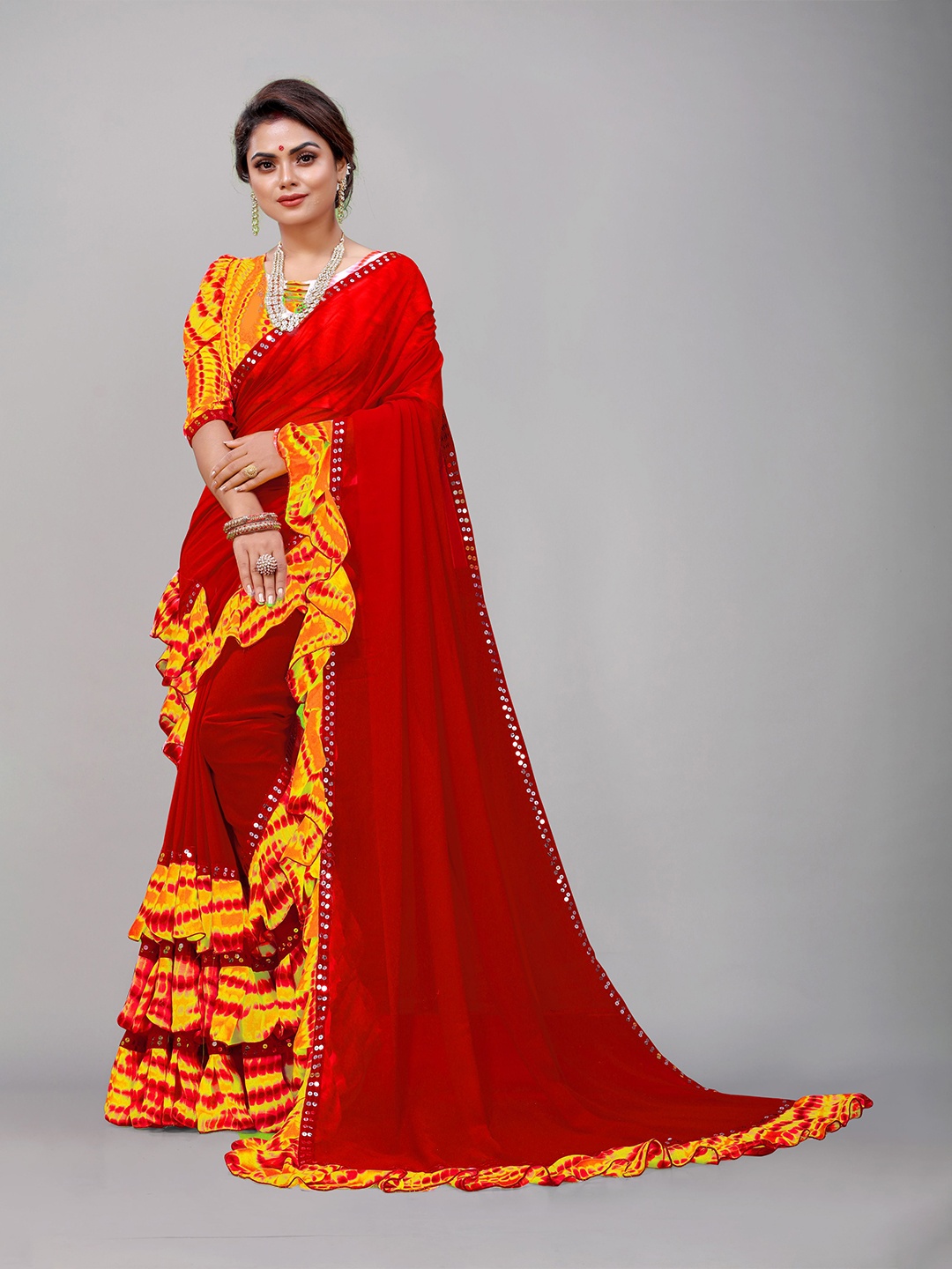 

B4ME COM Beads and Stones Pure Georgette Leheriya Saree, Red