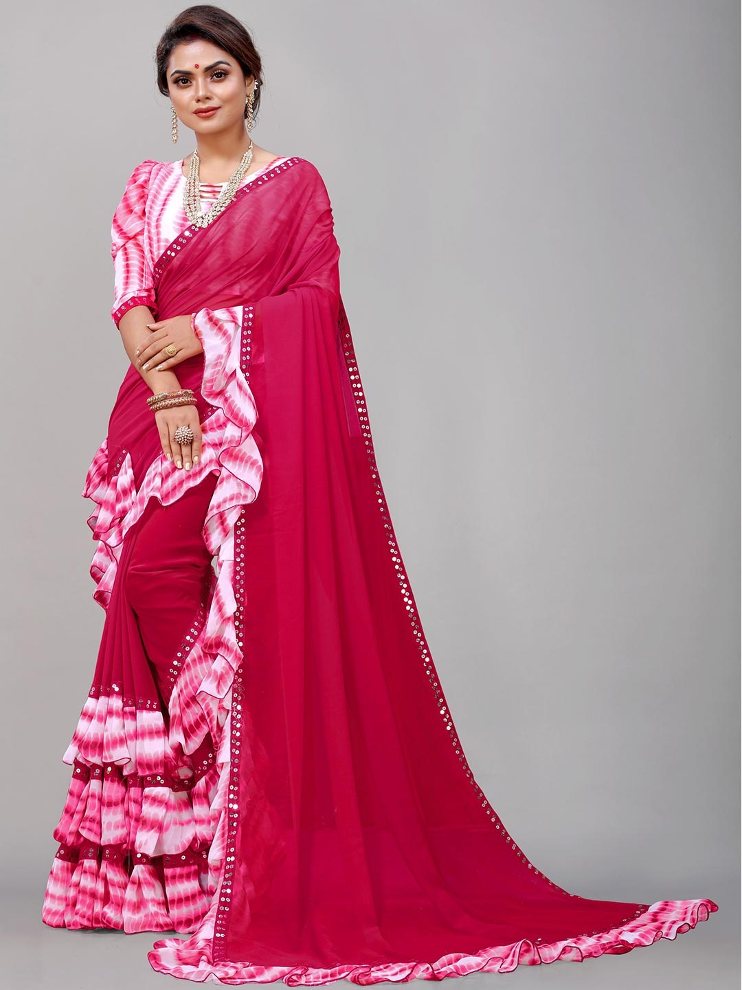 

B4ME.COM Ruffel Pure Georgette Saree, Pink