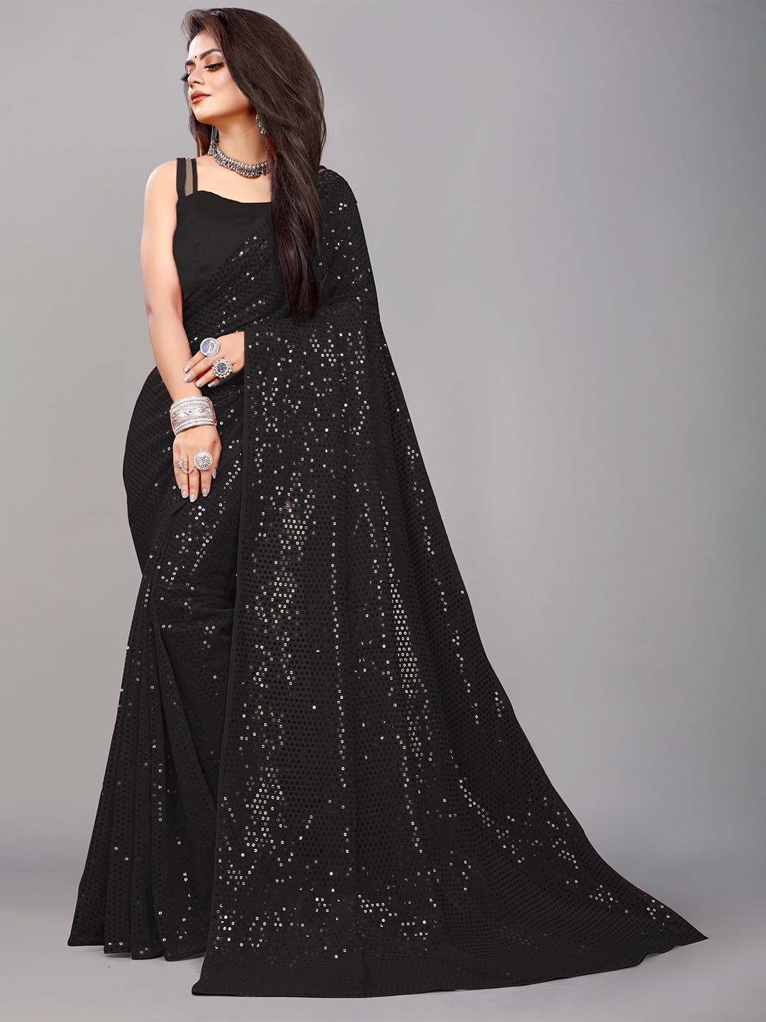 

B4ME.COM Embellished Sequinned Pure Georgette Saree, Black