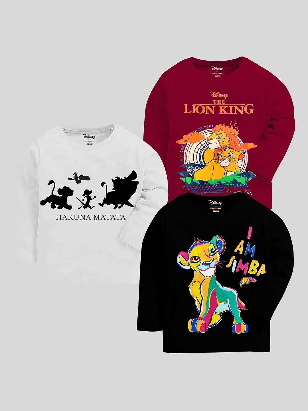 

KUCHIPOO Pack Of 3 Boys Lion King Printed Cotton T-shirts, Black