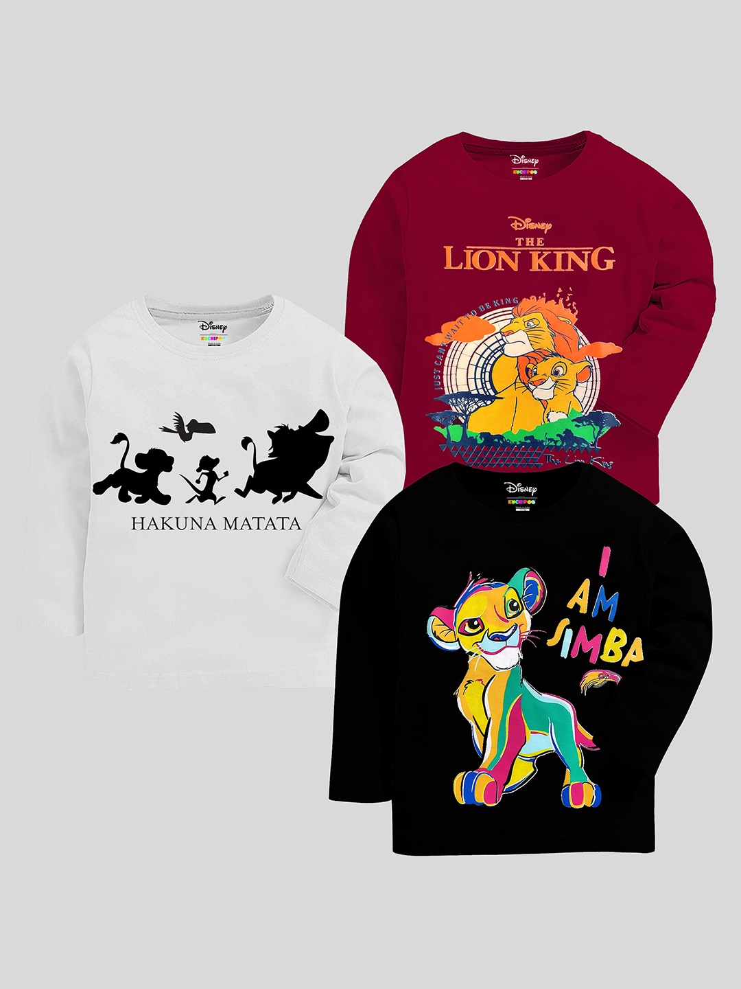KUCHIPOO Pack Of 3 Boys Lion King Printed T-shirts, Black