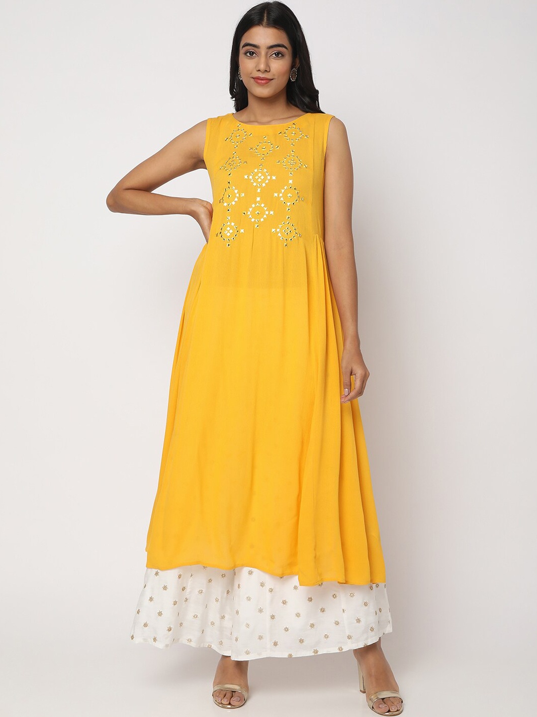 

Ethnicity Ethnic Motifs Embroidered Mirror Work Crepe Kurta, Yellow