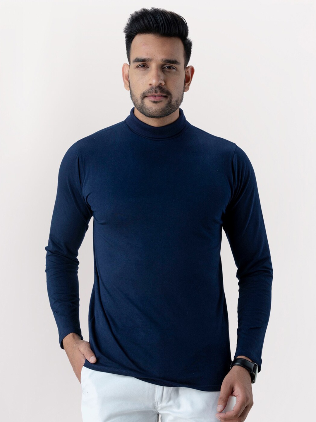 

FERANOID Men Navy Blue High Neck Bio Finish Applique T-shirt