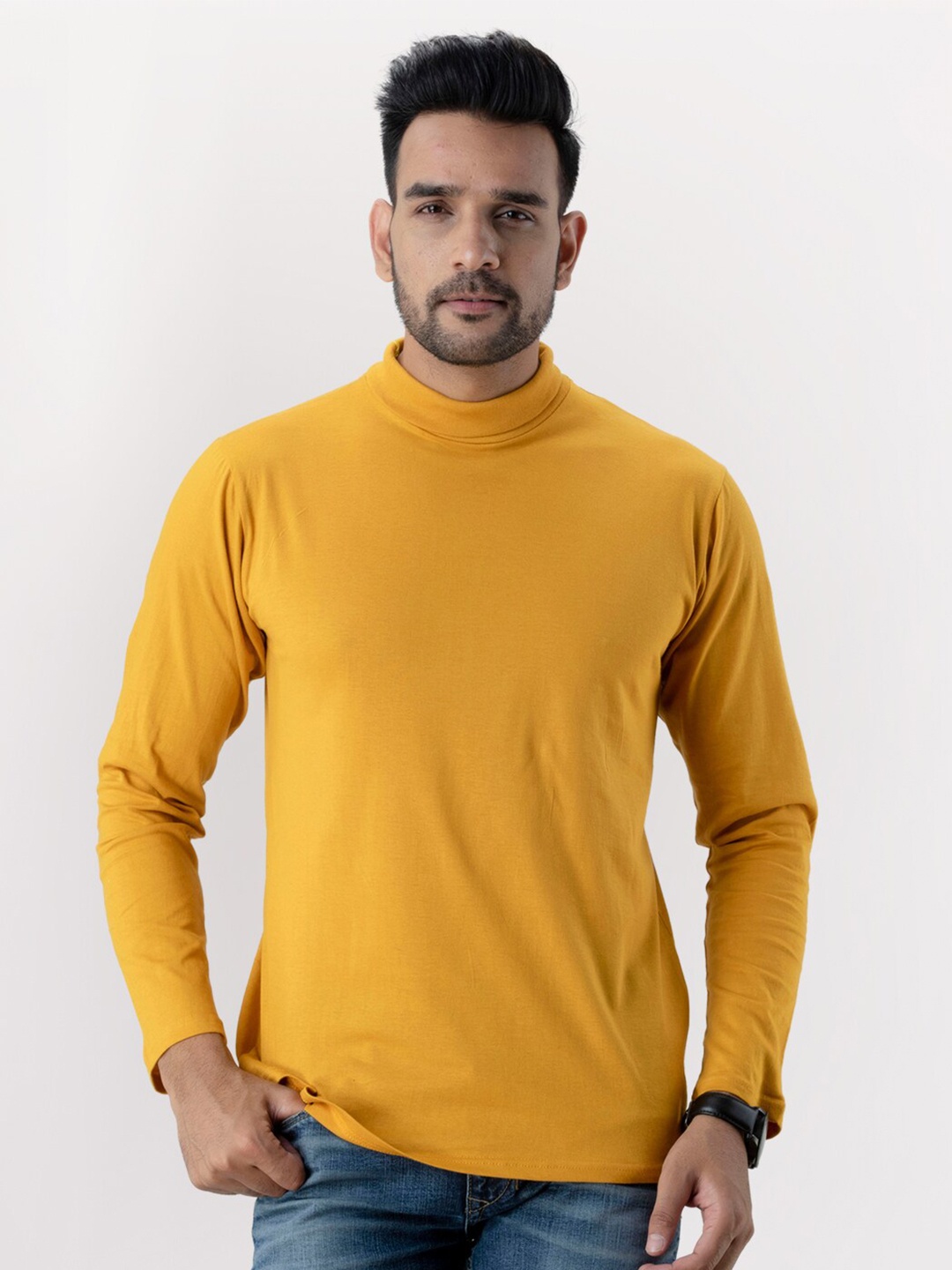 

FERANOID Men Cotton High Neck Bio Finish T-shirt, Mustard