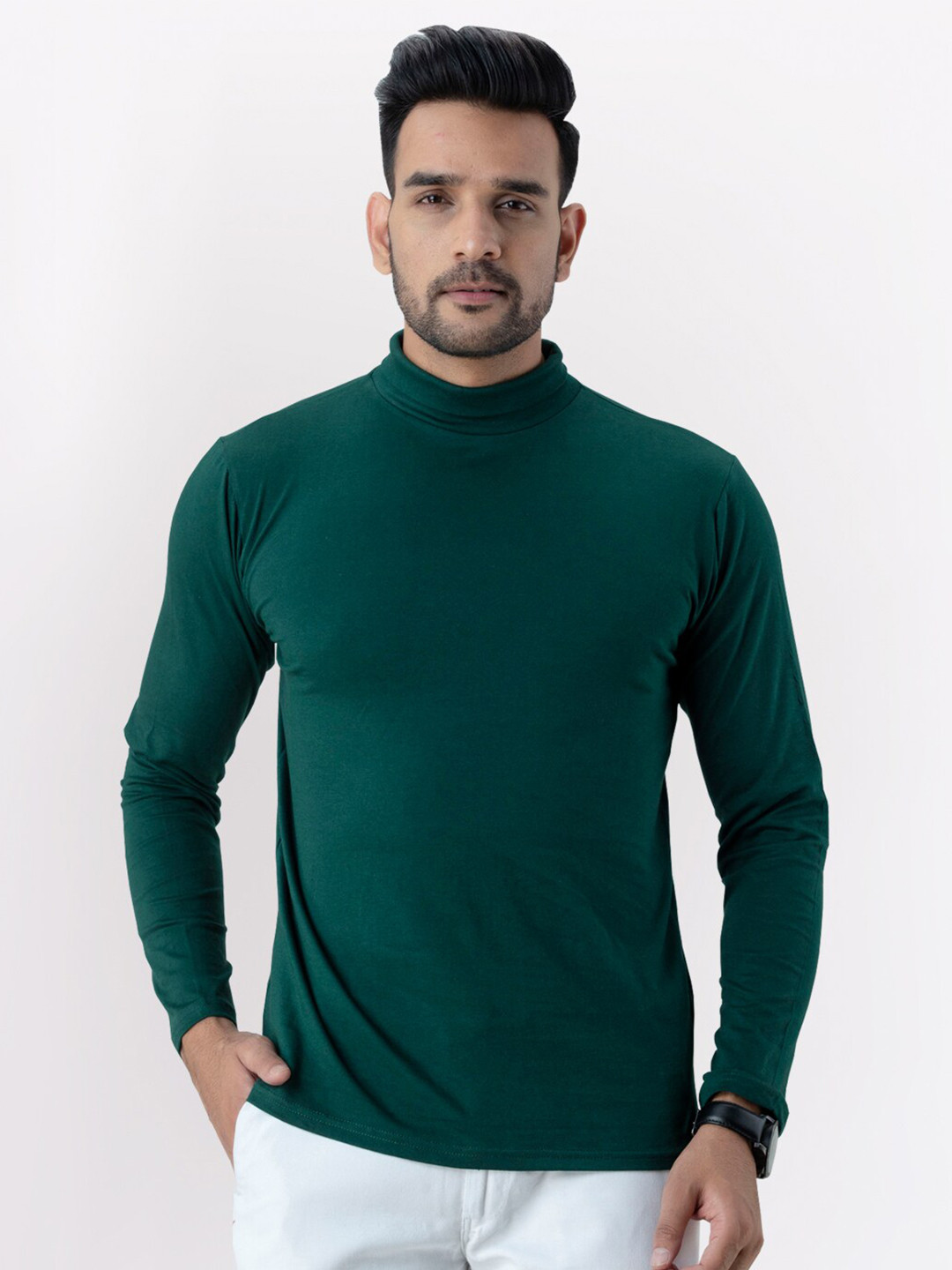 

FERANOID Men Cotton High Neck Bio Finish T-shirt, Green