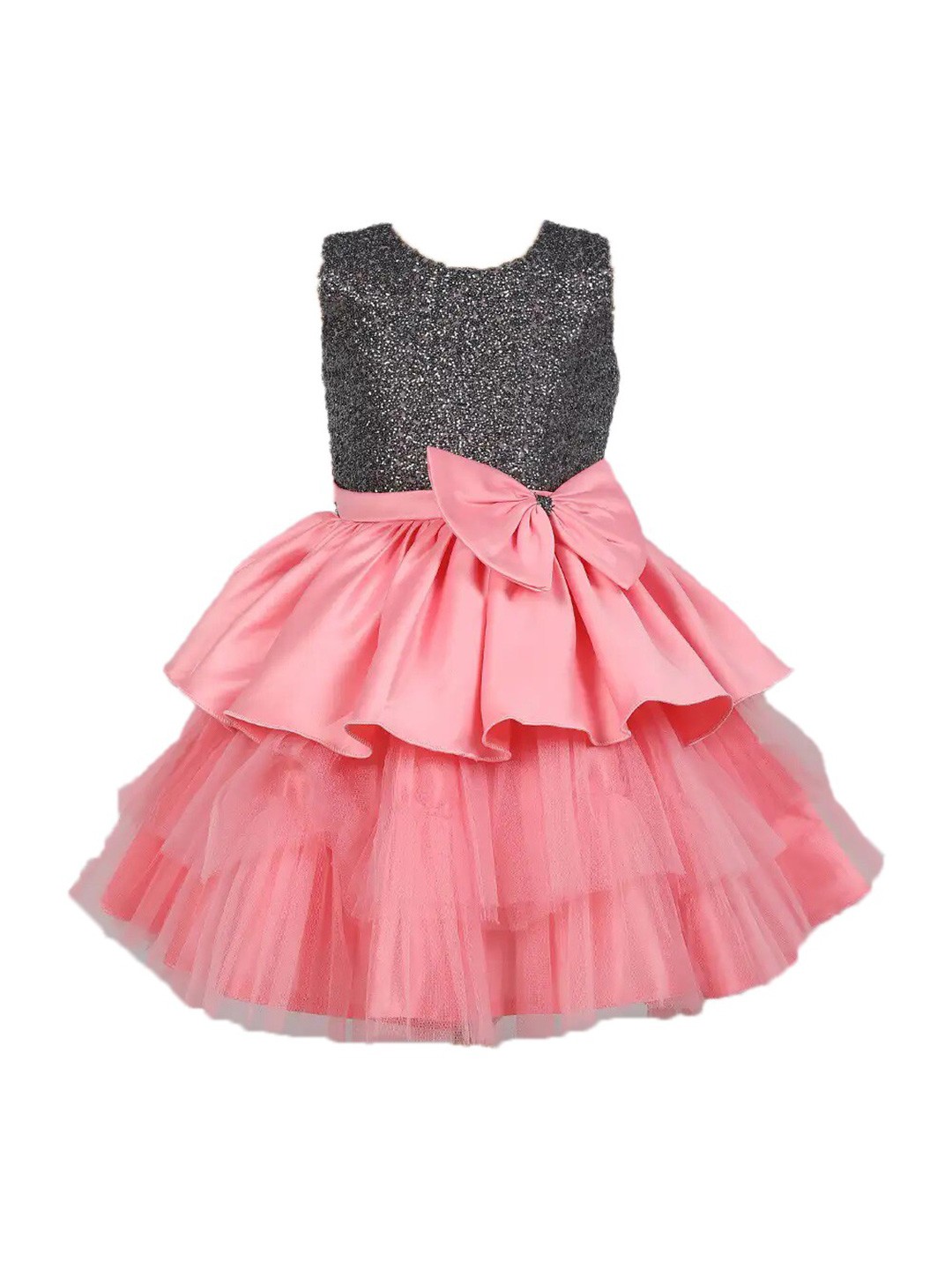 

The Magic Wand Girls Self Design Net Fit and Flare Dress, Pink