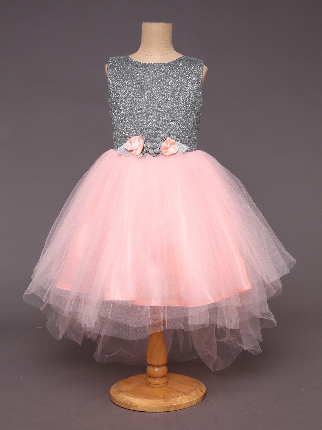 

The Magic Wand Girls Self Design Net Fit and Flare Dress, Pink